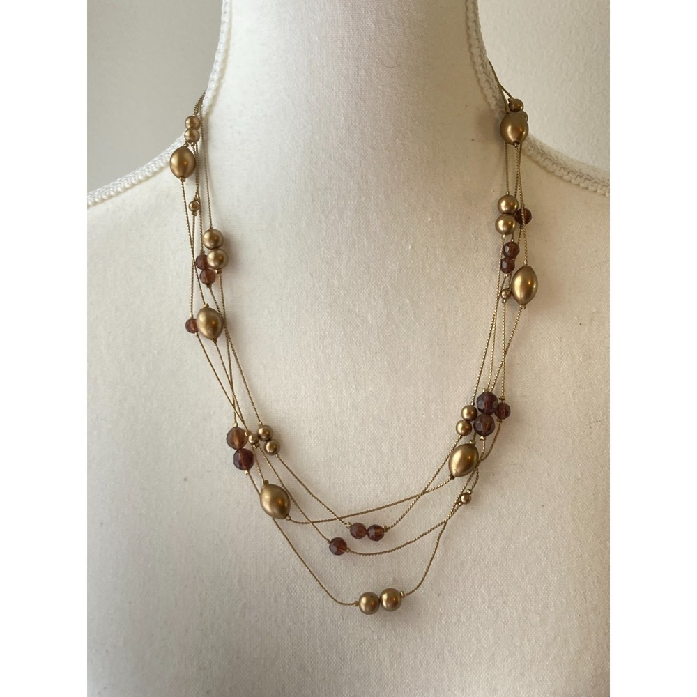 Vintage Monet‎ Multi Strand Necklace Gold Tone Beaded Faux Pearl In Earthy Brown